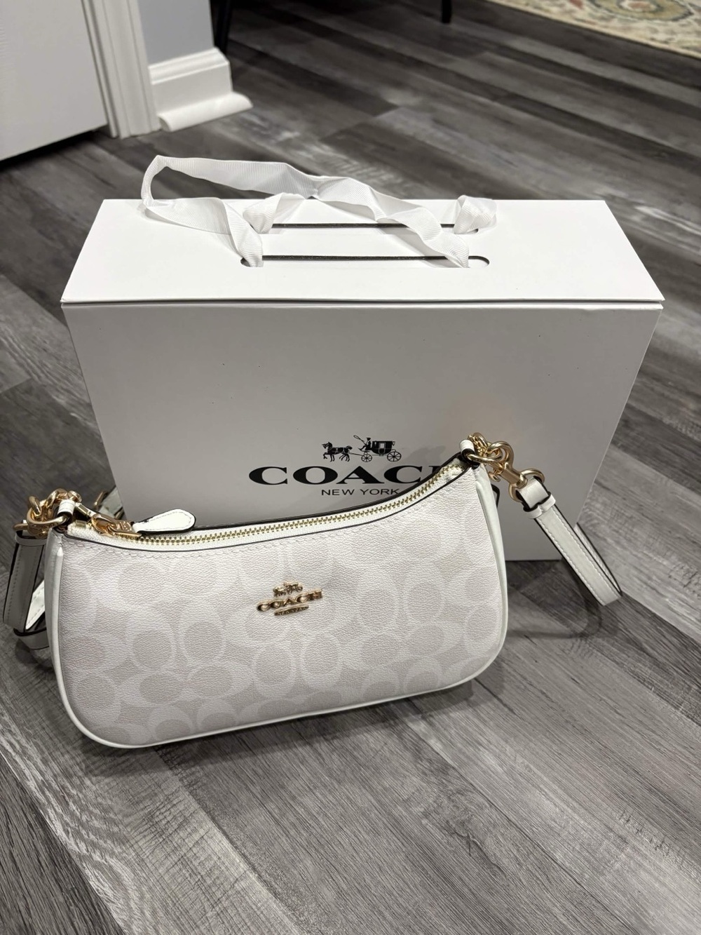 Coach Cream Signature Mini Shoulder Bag with Gold Hardware